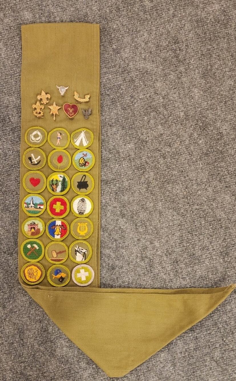Vintage Boy Scouts of America BSA Merit Badge Sash Patches Pins Collection